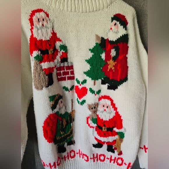 Handmade Knit Sweater Santas The World Christmas Size L White Vtg - Picture 2 of 7